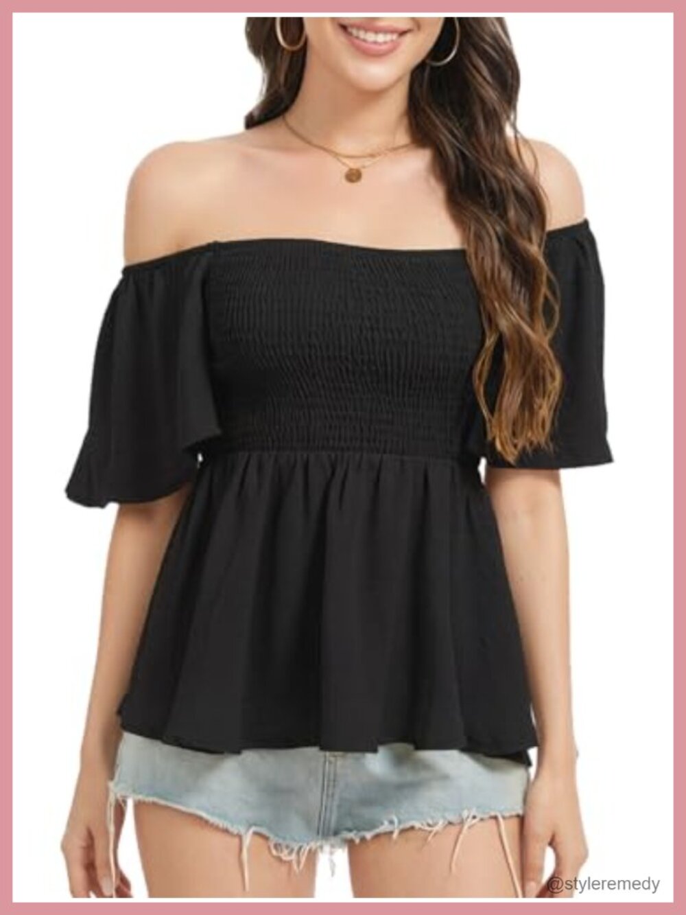 Smocked Babydoll Blouse Square Neck Ruffle Puff Sleeve Mini Top